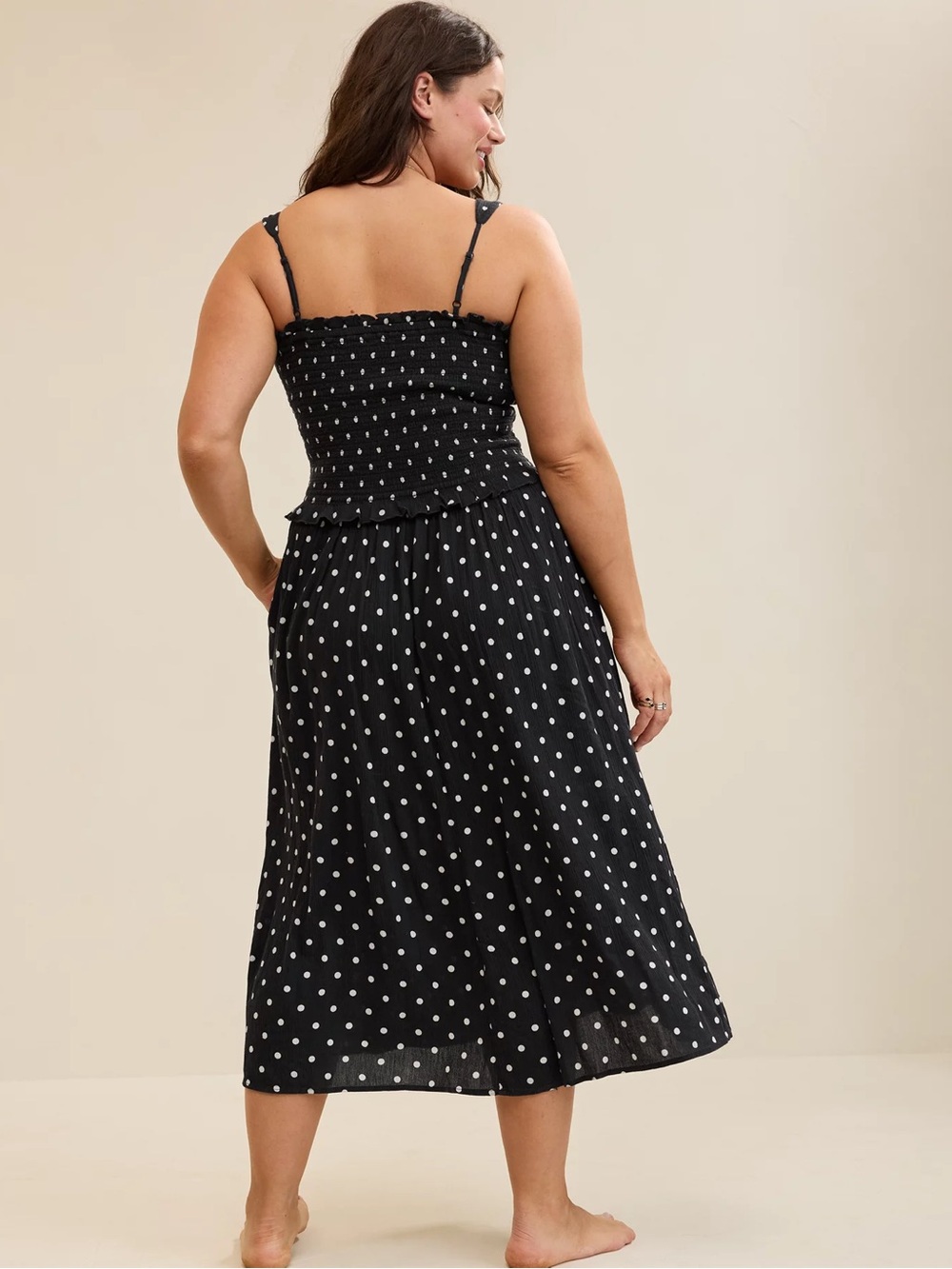 Aerie At the Barre Smocked Midi Dress Black White Polka Dot Pockets XL - Picture 2 of 15